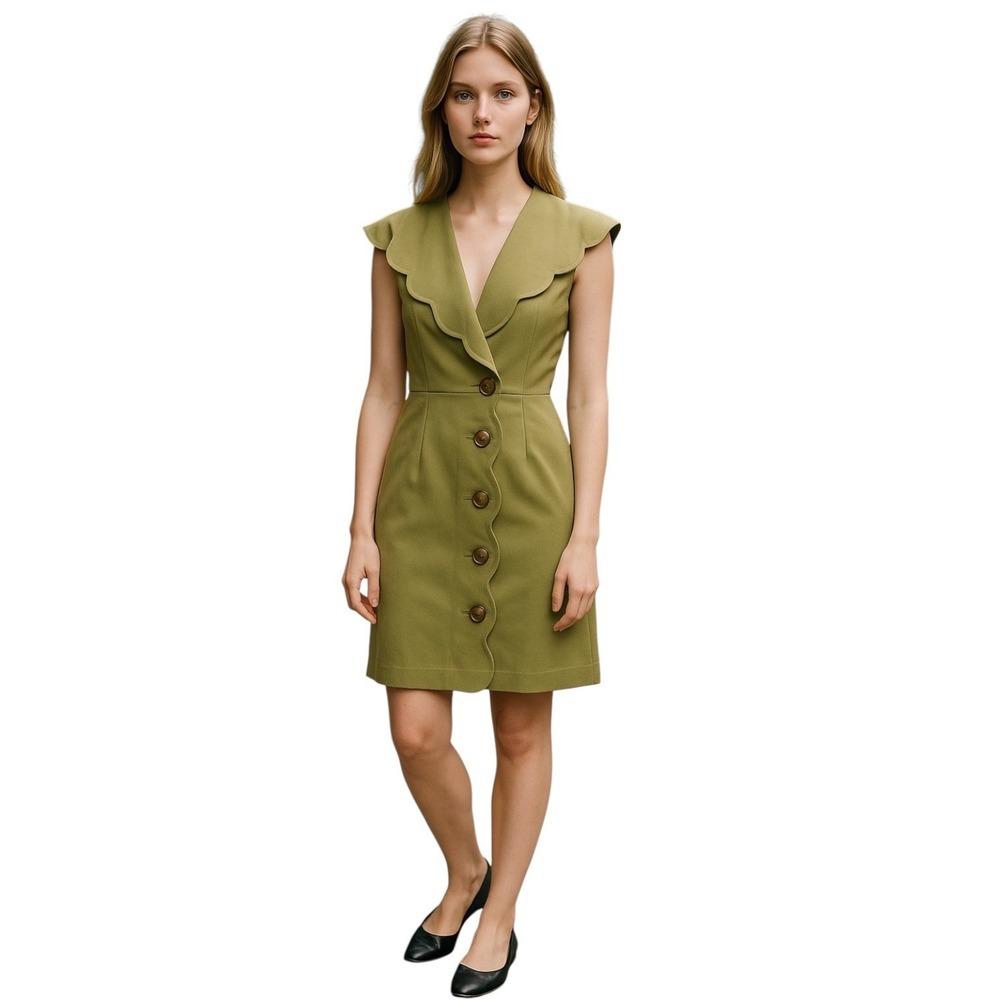 Maeve Anthropologie Womens Button Front Scalloped Shirt Dress Green 1X